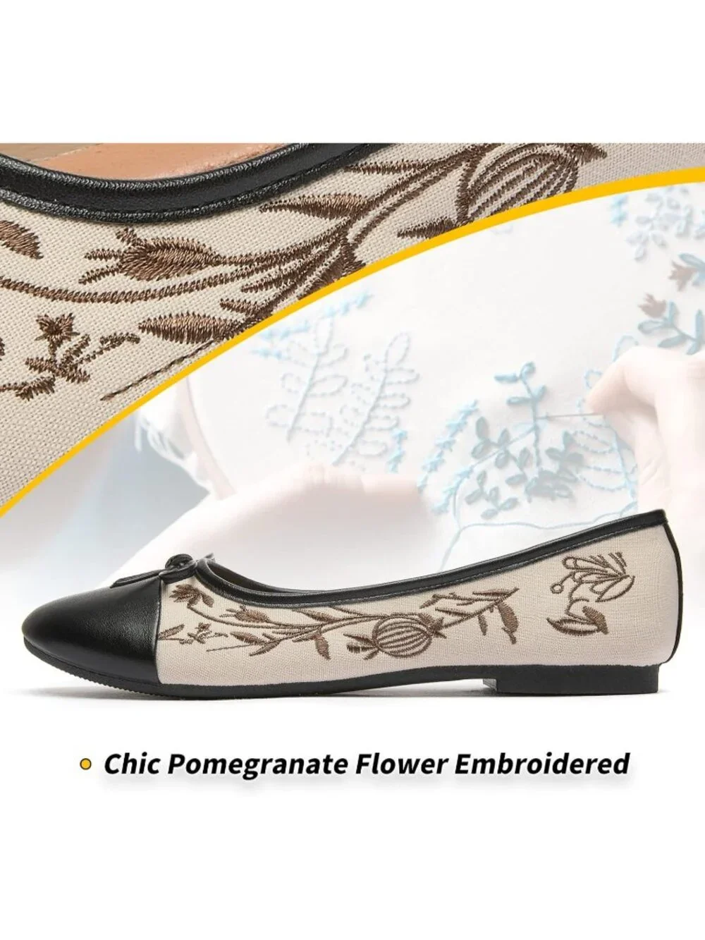 Women Apricot Black Flats Shoes with Pomegranate Embroidery with Bow Comfortable